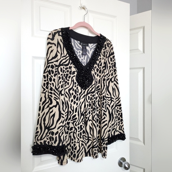 INC International Concepts animal print beaded tunic top shirt black beige S - Picture 3 of 12